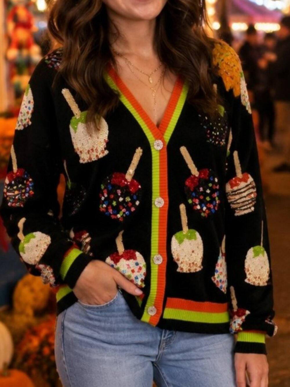 NWT Queen of Sparkles Multi Candy Apples Sequin Button Up Cardigan - Picture 5 of 9